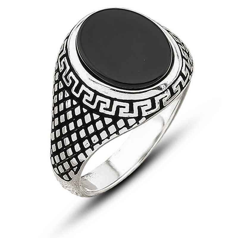 Onyx Stone Patterned Men's Silver Ring