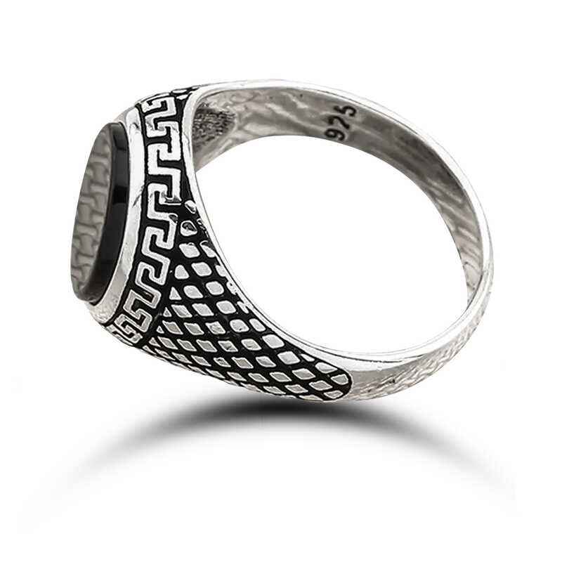 Onyx Stone Patterned Men's Silver Ring