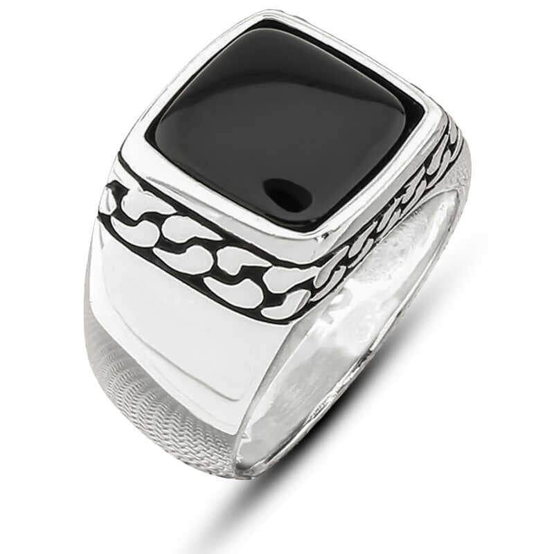 Onyx Stone Patterned Men's Silver Ring