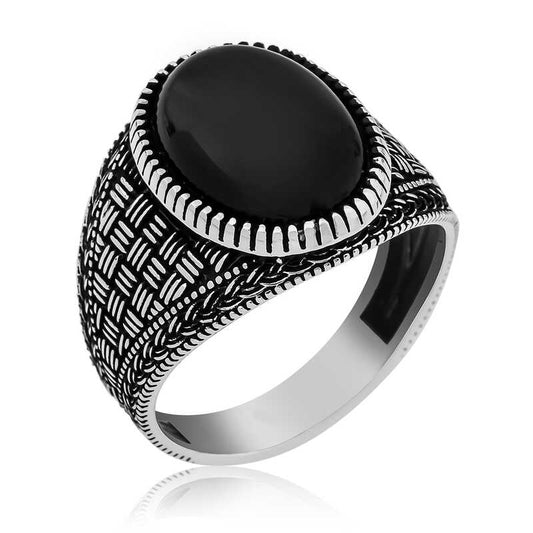 Herren-Silberring mit geflochtenem Onyx-Steinmuster