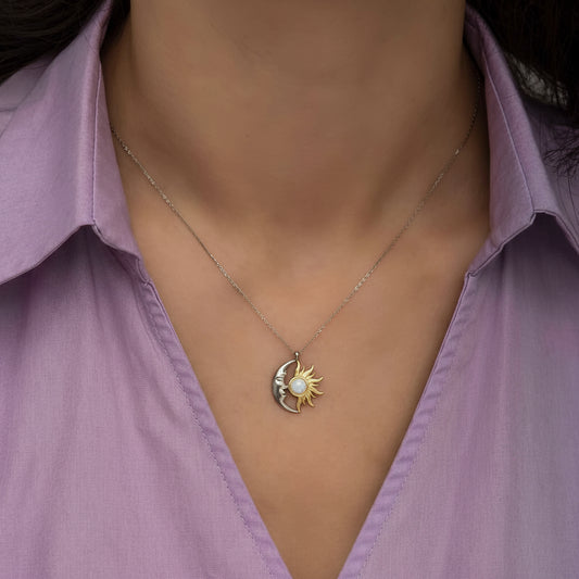 Opal White Stone Sun Moon Women's Silver Pendant