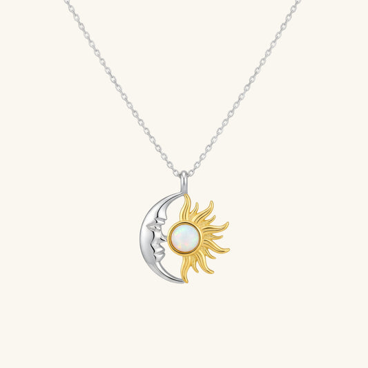 Opal White Stone Sun Moon Women's Silver Pendant