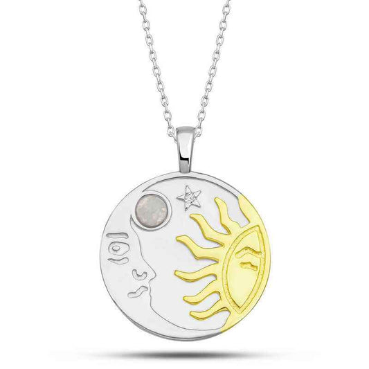 Opal White Stone Sun Moon Women's Silver Pendant