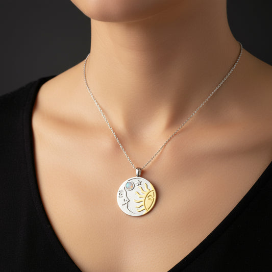 Opal White Stone Sun Moon Women's Silver Necklace