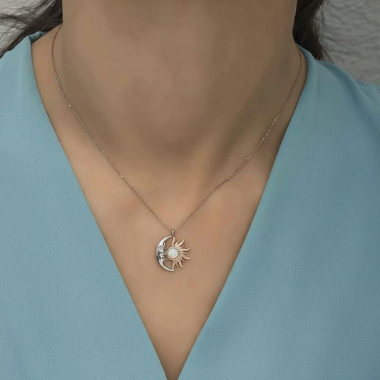 Opal White Stone Sun Moon Women's Silver Pendant