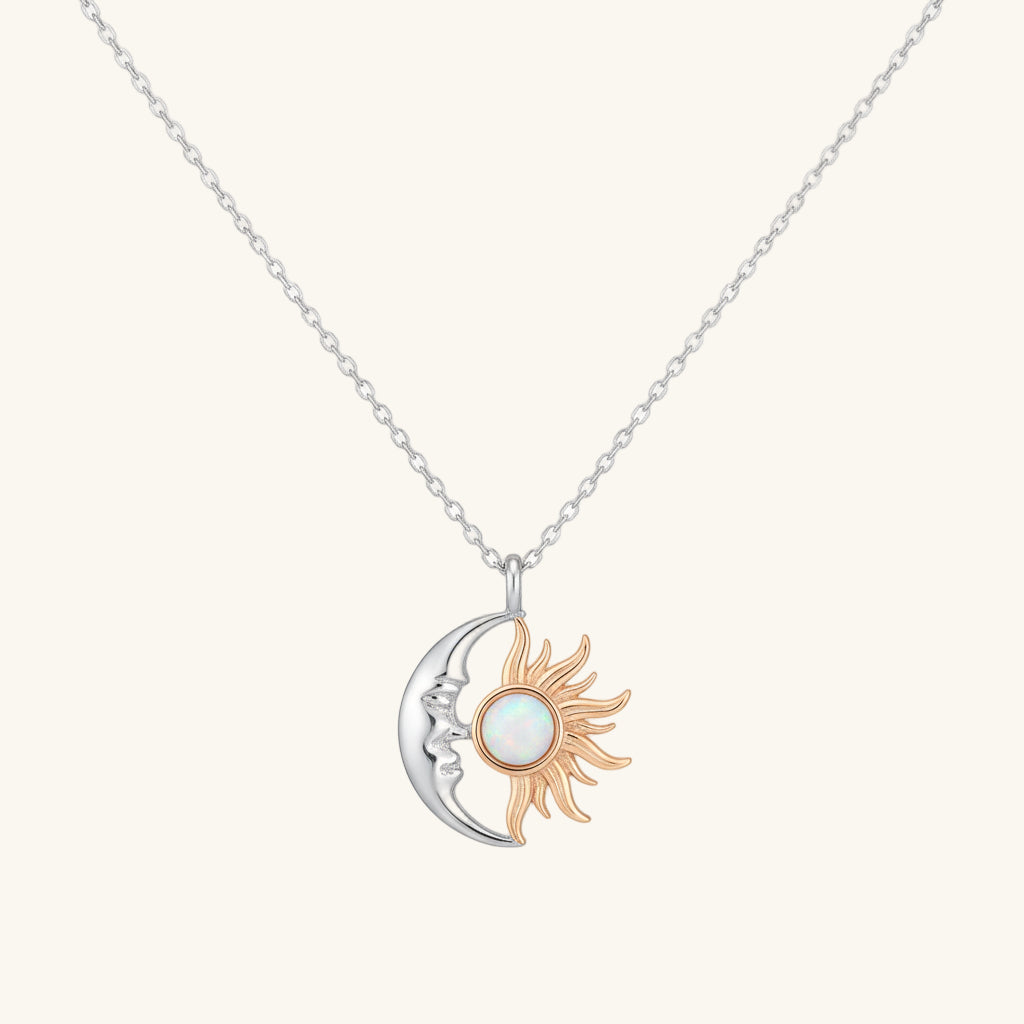 Opal White Stone Sun Moon Women's Silver Pendant