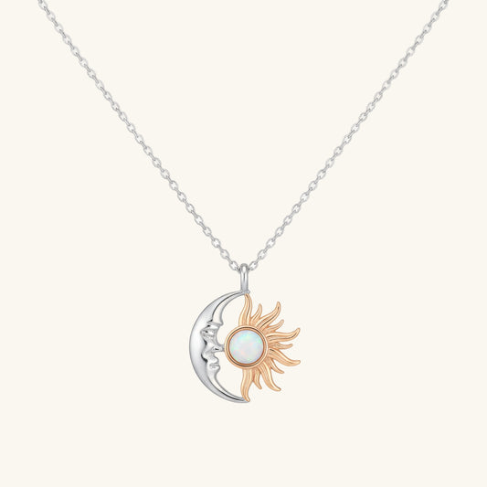 Opal White Stone Sun Moon Women's Silver Pendant