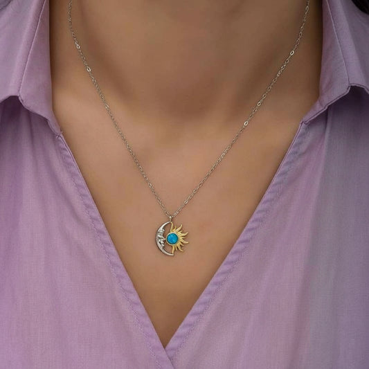 Opal Blue Stone Sun Moon Women's Silver Necklace