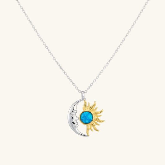 Opal Blue Stone Sun Moon Women's Silver Necklace