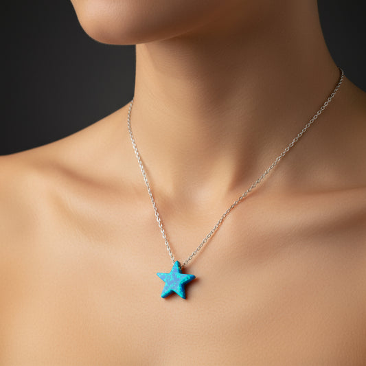 Opal Blue Stone Star Women's Silver Necklace