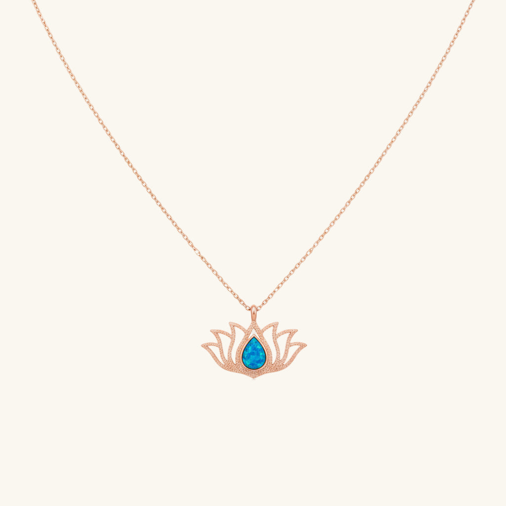 Opal Stone Rose Plated Lotus Flower Women's Silver Necklace