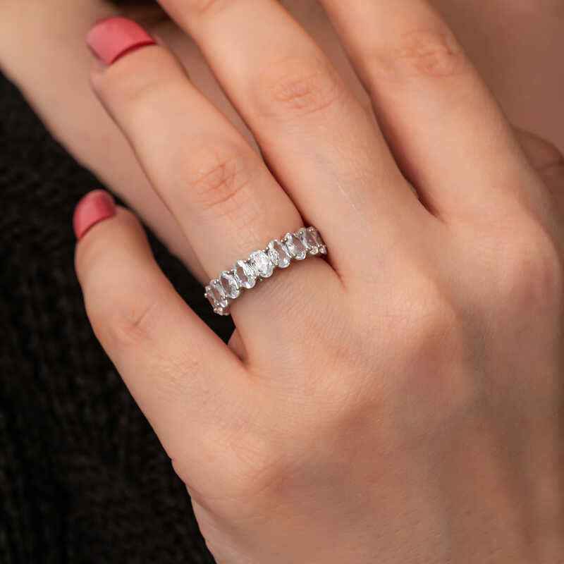 Oval Stone Full Halo Women's Silver Ring