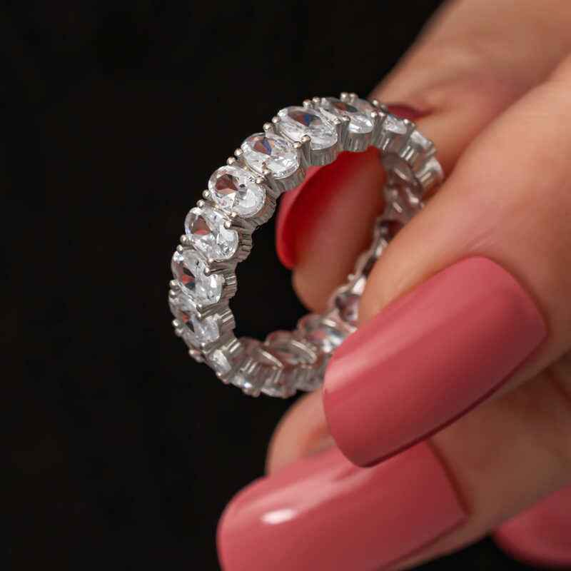 Oval Stone Full Halo Women's Silver Ring