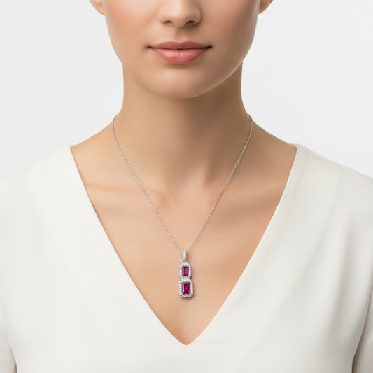 Pink Baguette Stone Women's Silver Necklace