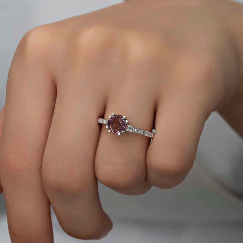 Pink Baguette Single Stone Women's Silver Ring