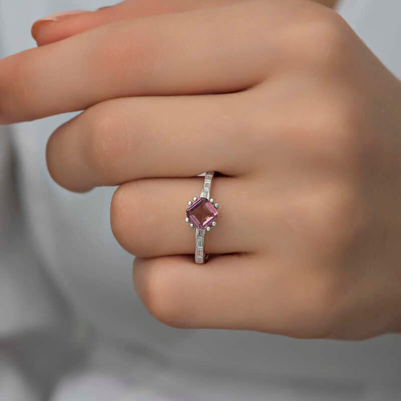 Pink Baguette Single Stone Women's Silver Ring