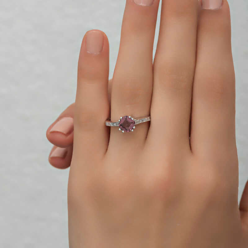 Pink Baguette Single Stone Women's Silver Ring