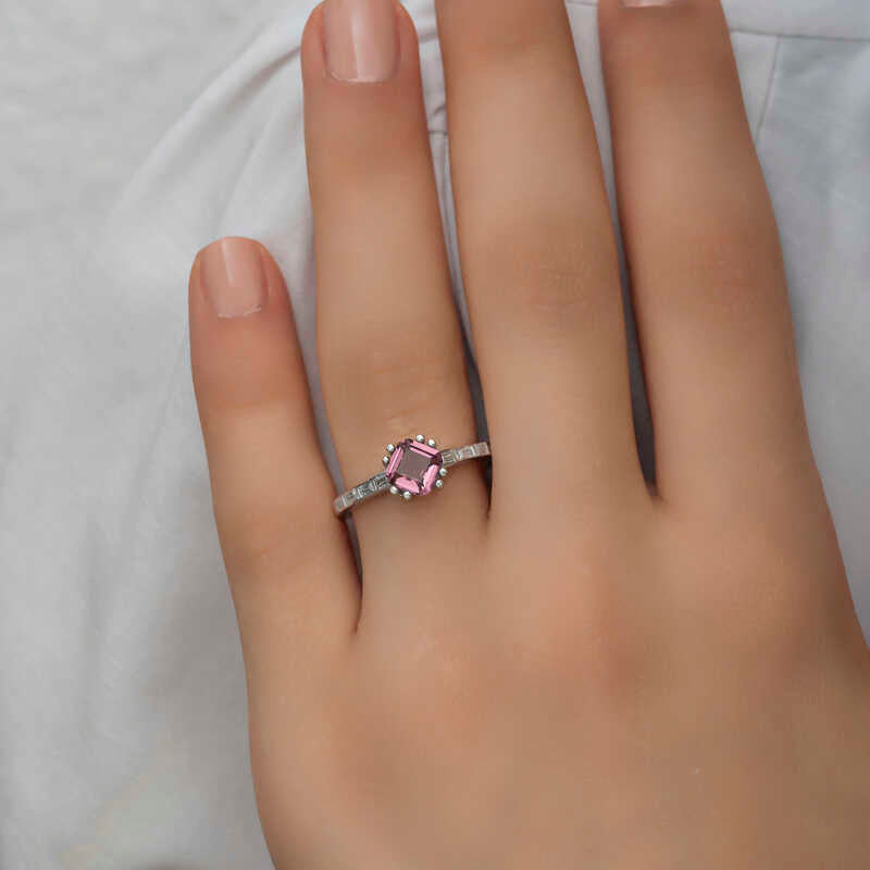 Pink Baguette Single Stone Women's Silver Ring