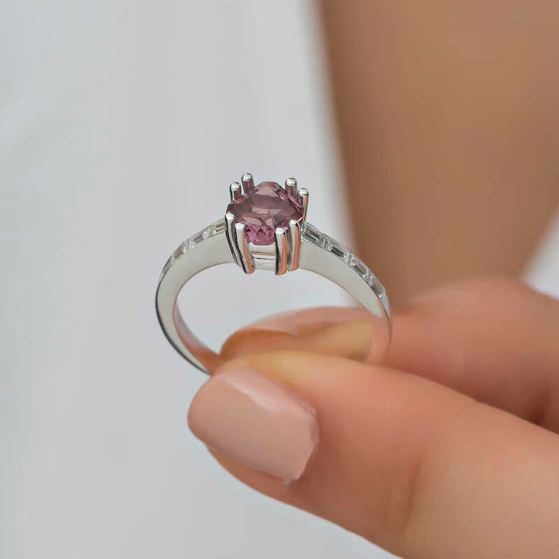 Pink Baguette Single Stone Women's Silver Ring