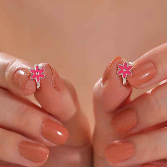 Pink Flower Children's Silver Earrings