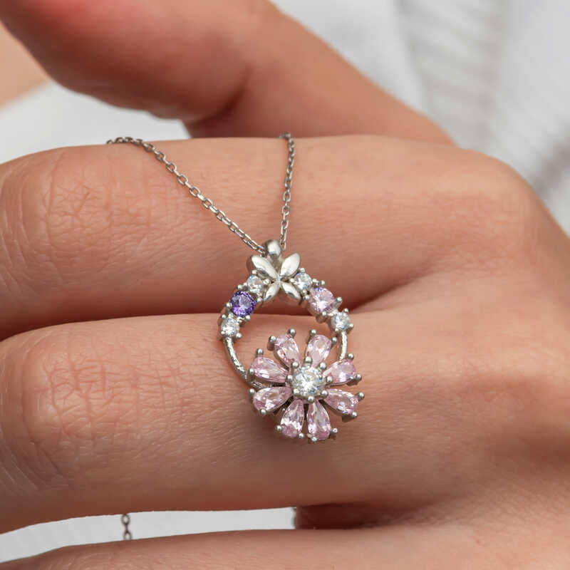 Pink Rotating Flower Women's Silver Necklace