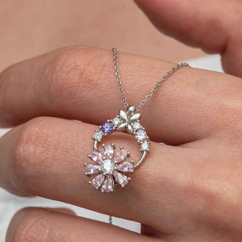 Pink Rotating Flower Women's Silver Necklace