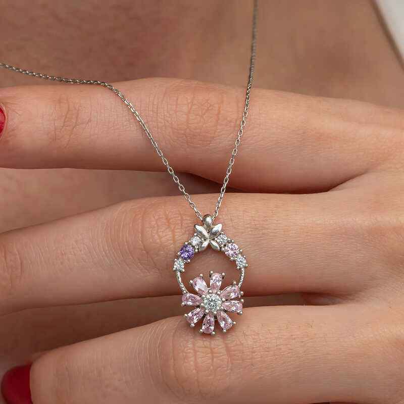 Pink Rotating Flower Women's Silver Necklace