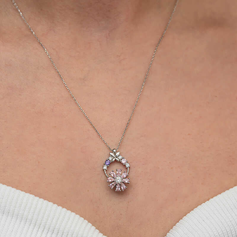 Pink Rotating Flower Women's Silver Necklace