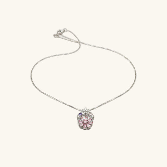 Pink Rotating Flower Women's Silver Necklace