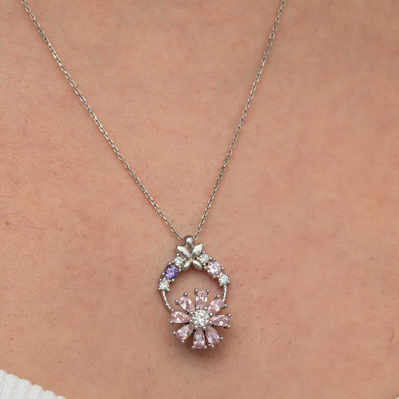 Pink Rotating Flower Women's Silver Necklace