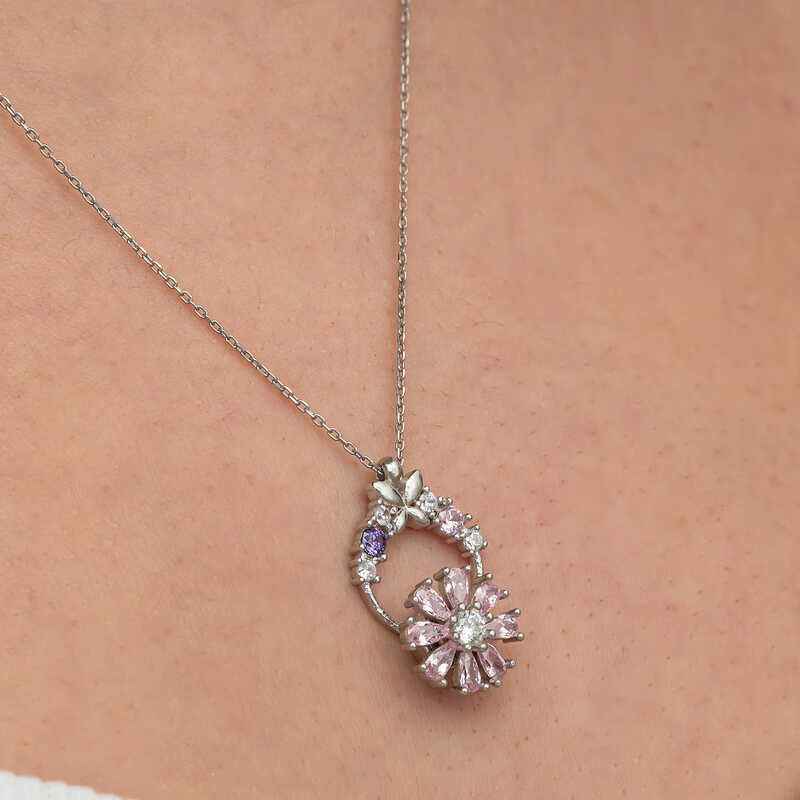 Pink Rotating Flower Women's Silver Necklace
