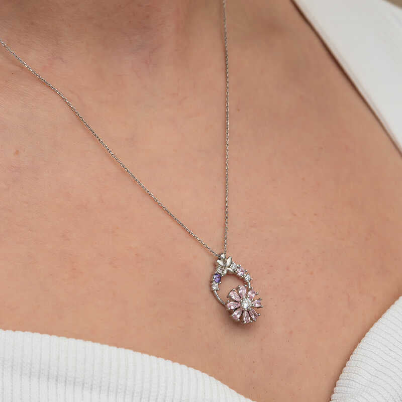 Pink Rotating Flower Women's Silver Necklace