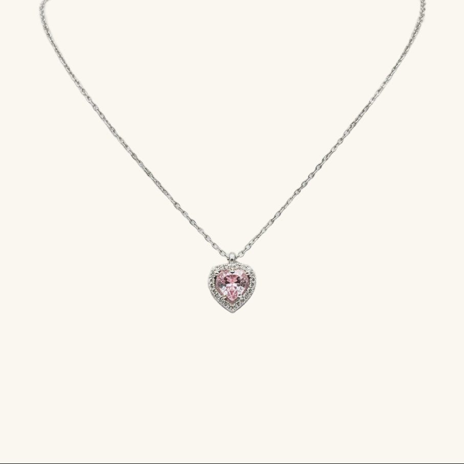 Pink Heart Stone Women's Silver Necklace