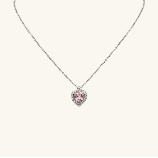 Pink Heart Stone Women's Silver Necklace