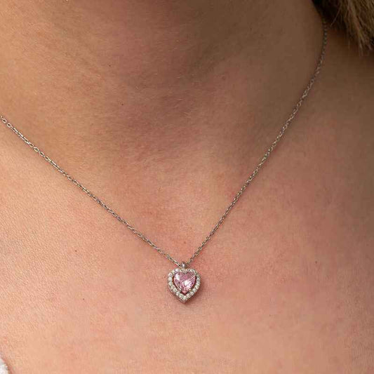 Pink Heart Stone Women's Silver Necklace