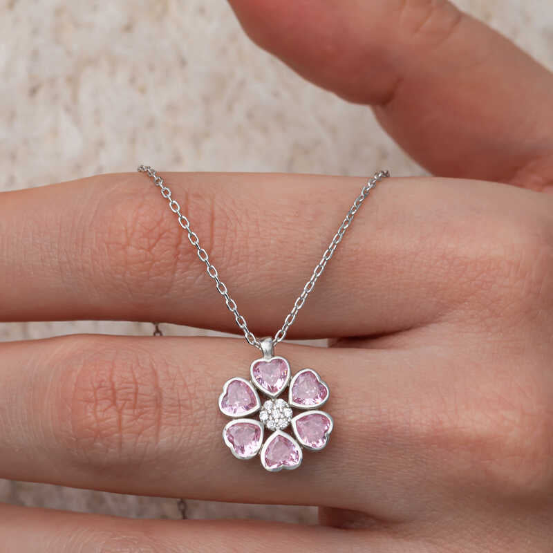 Pink Heart Flower Women's Silver Necklace