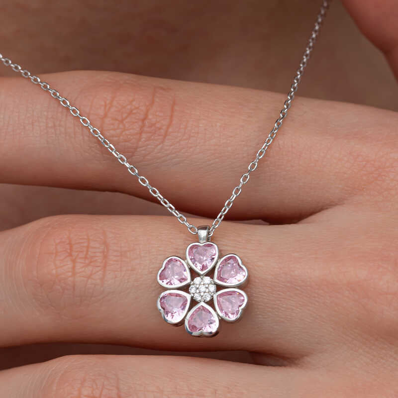 Pink Heart Flower Women's Silver Necklace