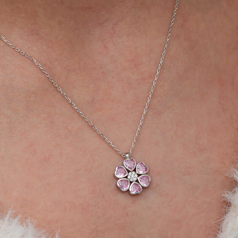 Pink Heart Flower Women's Silver Necklace