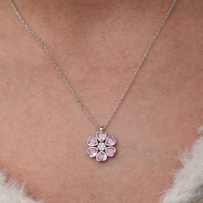 Pink Heart Flower Women's Silver Necklace