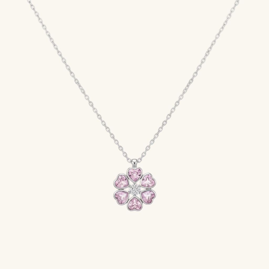 Pink Heart Flower Women's Silver Necklace