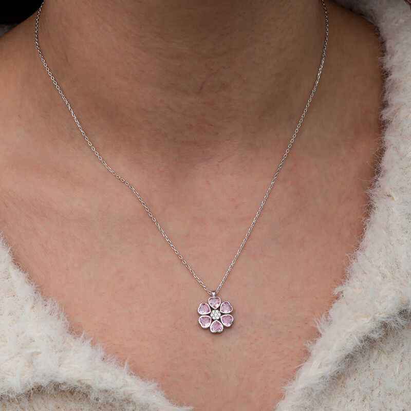 Pink Heart Flower Women's Silver Necklace