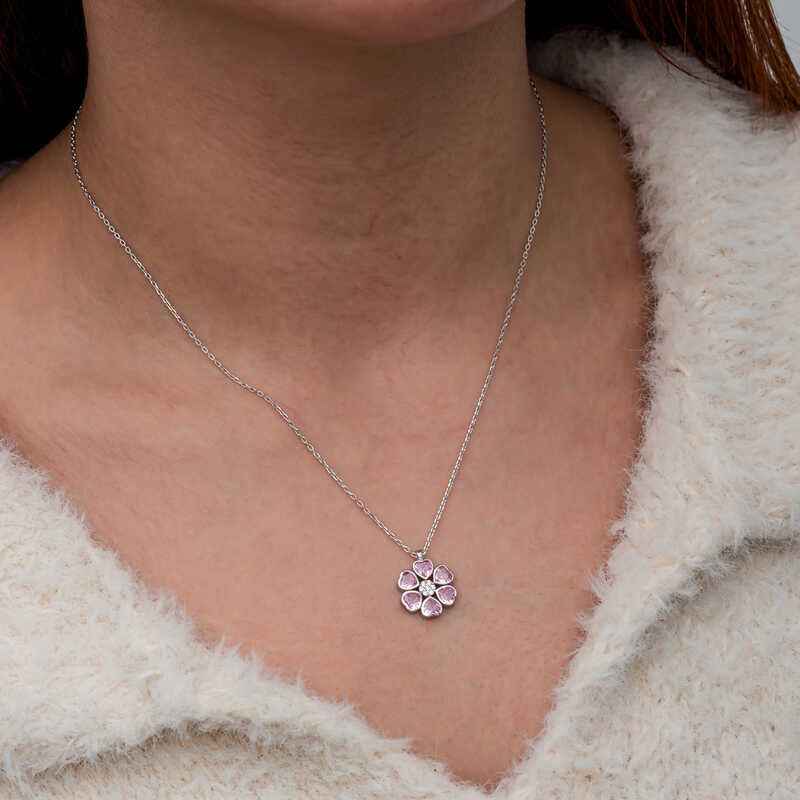 Pink Heart Flower Women's Silver Necklace