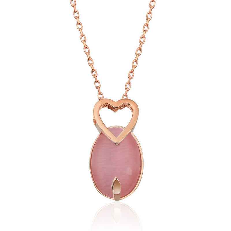 Pink Cat's Eye Stone Heart Silver Pendant