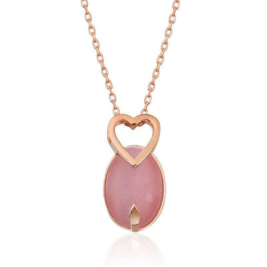 Pink Cat's Eye Stone Heart Silver Pendant