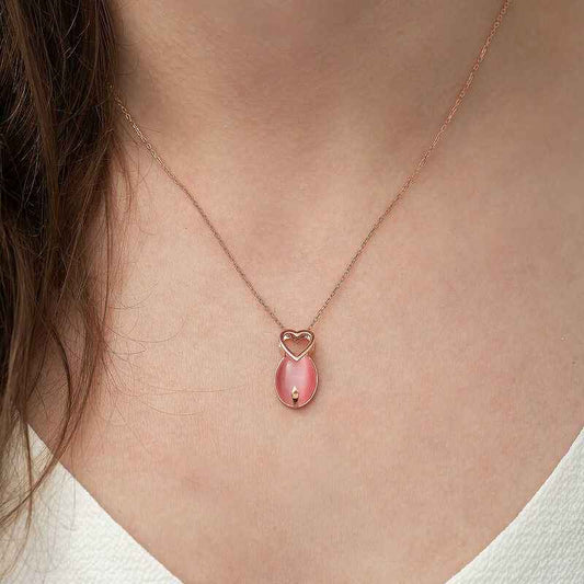 Pink Cat's Eye Stone Heart Silver Pendant