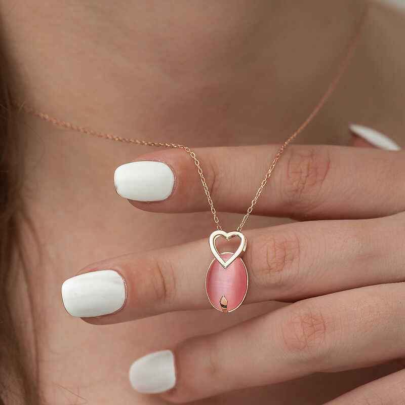 Pink Cat's Eye Stone Heart Silver Pendant