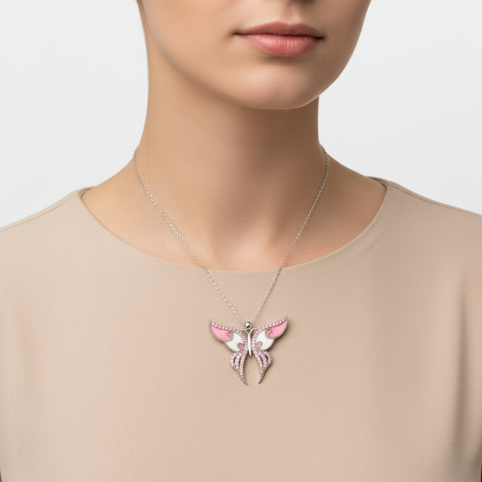 Pink Butterfly Women's Silver Necklace