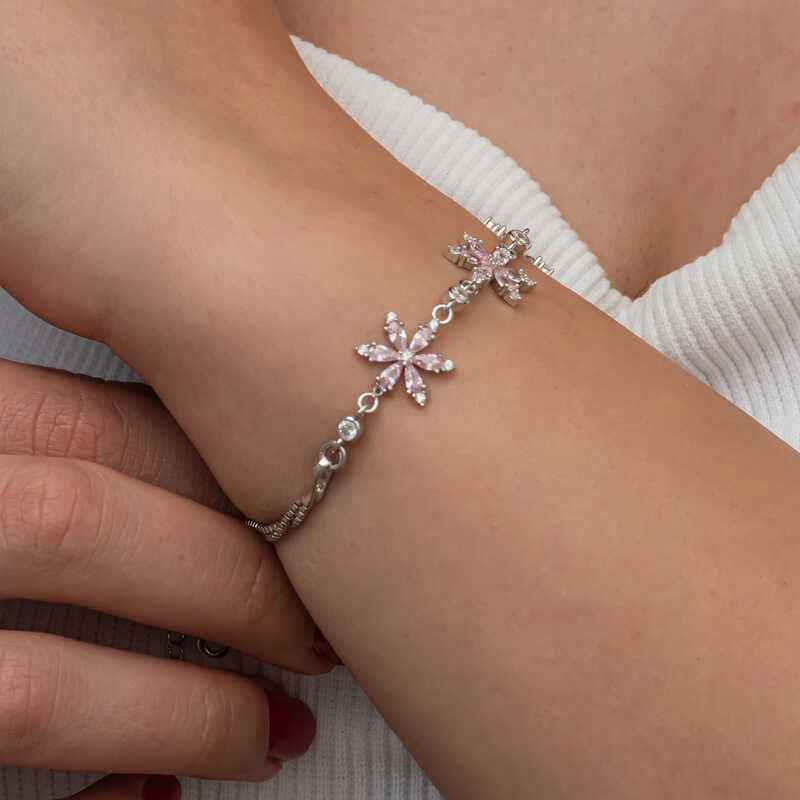 Pink Lotus Flower Women's Silver Bracelet
