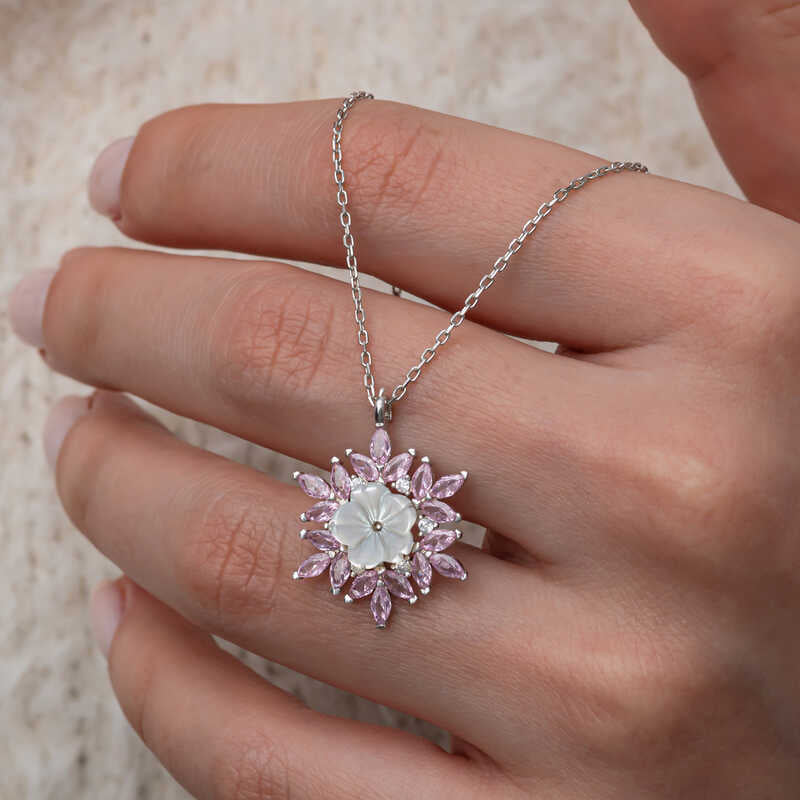 Pink Lotus Pattern Flower Women's Silver Necklace