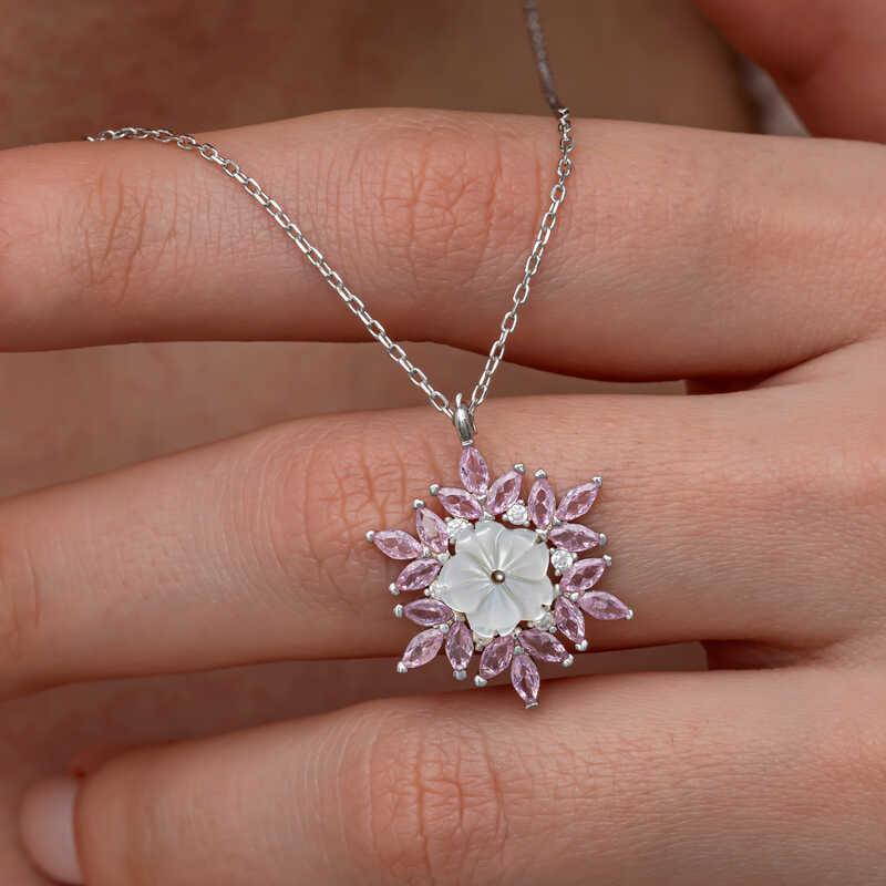 Pink Lotus Pattern Flower Women's Silver Necklace